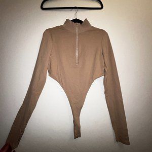 Nude colored Zip-Neck Crop Top Bodysuit